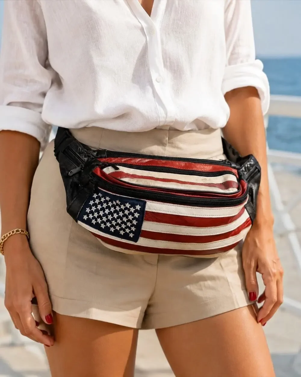 American Flag Fanny Pack Patriotic Waist Bag Adjustable Belt 5 Zip Compartments